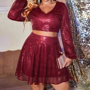 Burgundy Sequin Crop Top and Skirt Set